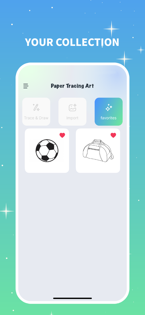 SketchLens: AR Draw - Screenshot of the SketchLens app showing a user collection of drawings including a soccer ball and a bag