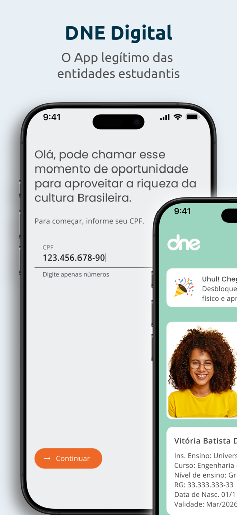 DNE Digital - DNE 디지털 앱 등록 과정과 디지털 학생 신분증을 보여주는 두 개의 모바일 화면