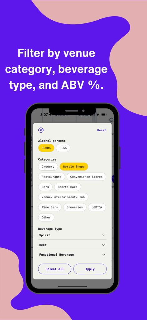 BuzzCutt - Screenshot of the BuzzCutt mobile app showing detailed filter options for non alcoholic drinks by alcohol percentage venue category and beverage type