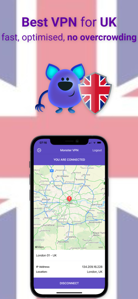 Monster VPN app interface on an iPhone showing a connection to a London server with a monster mascot holding a UK shield.