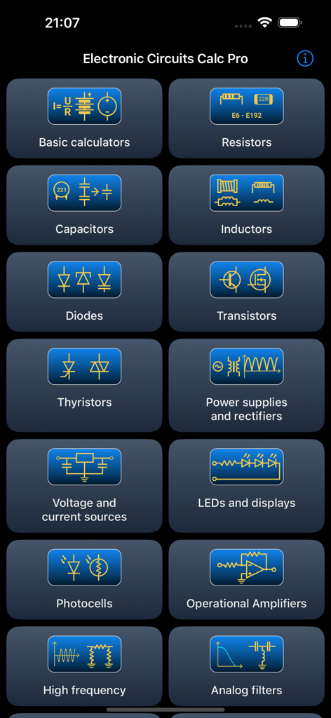 Electronic Circuits Calc Pro - Main menu of the Electronic Circuits Calc Pro app showing calculation categories for various electronic components in dark mode.
