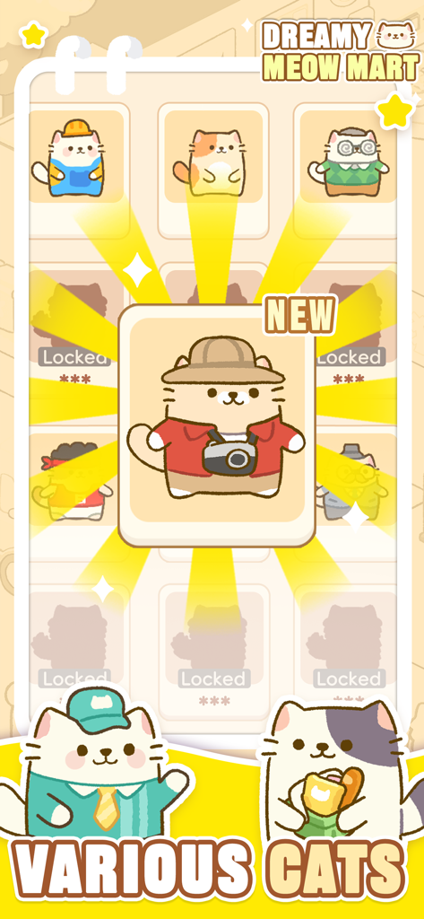 A menu displaying various cute cat characters to collect in Dreamy Meow Mart.