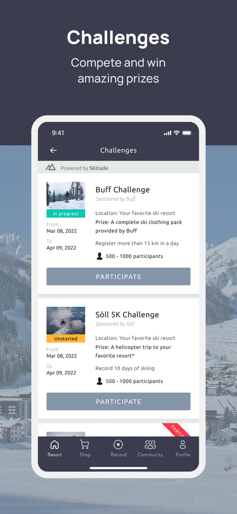 Mobile app interface for Espace San Bernardo showing ski challenges and rewards