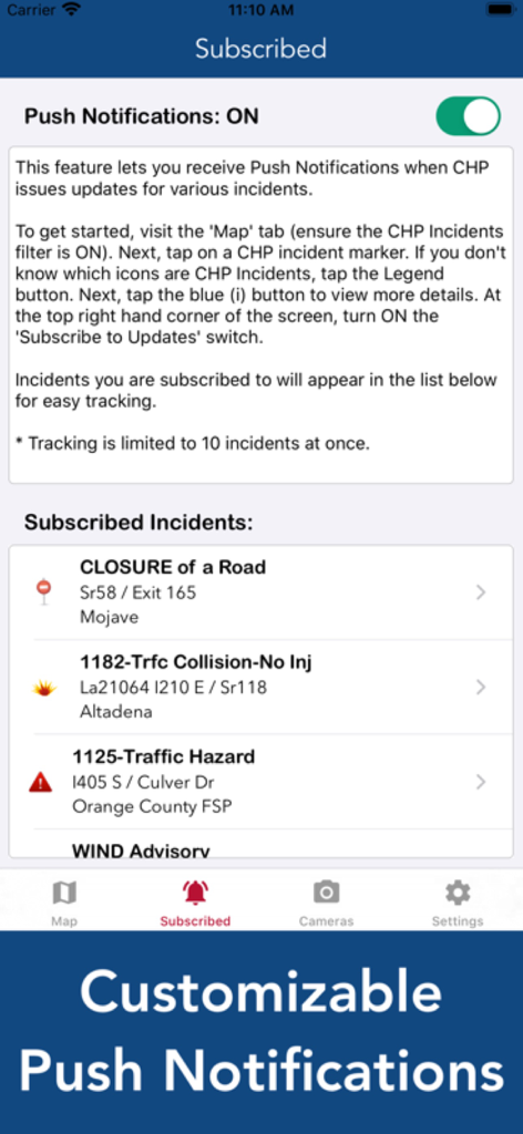 California 511 Road Conditions - Customizable push notifications for California road incidents and traffic hazards