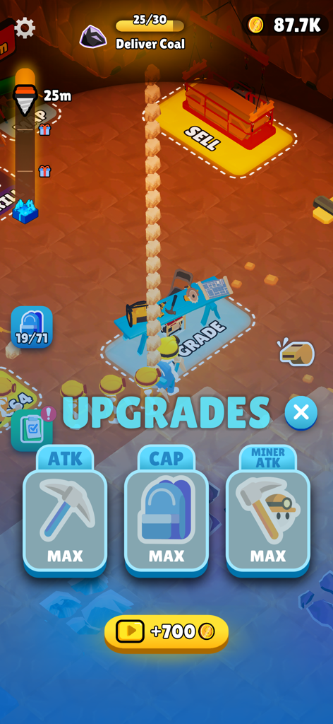 Mine Rush : Digging Adventure - In game upgrades menu in Mine Rush Digging Adventure showing max level attack capacity and miner stats