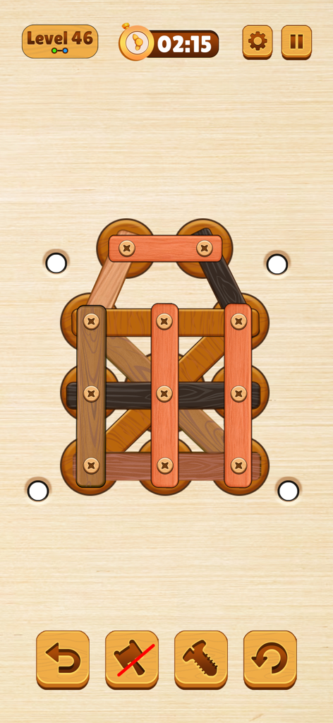 Wood Nuts & Bolt: Screw Puzzle - Un nivel de rompecabezas de lógica en Wood Nuts and Bolts que presenta tablones de madera y tornillos.