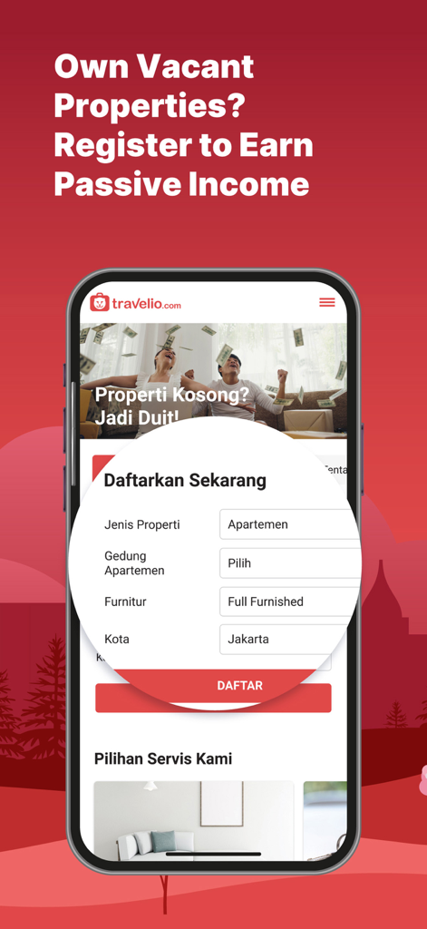 Mobile screen showing the Travelio property registration form for owners to earn passive income.