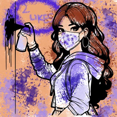 realistic girl with mask spray painting a wall