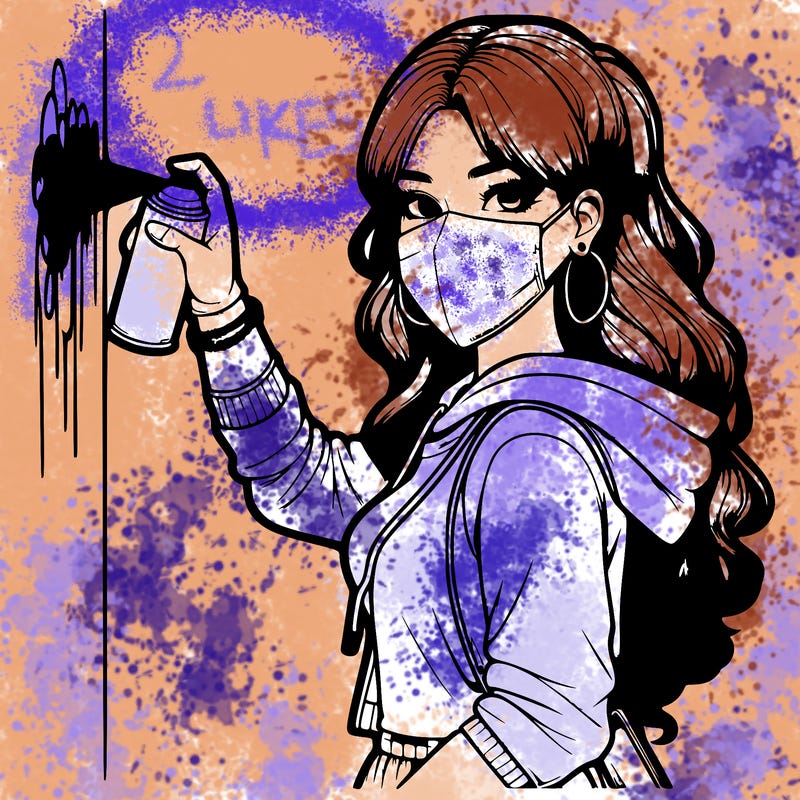 realistic girl with mask spray painting a wall