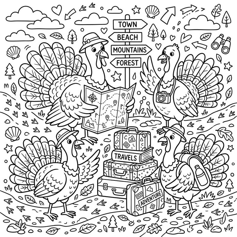 Get ready for an exciting journey with this charming coloring page featuring a lively flock of turkeys enjoying their vacation. They're packed, mapped out, and ready to explore new destinations, making for a delightful coloring experience.