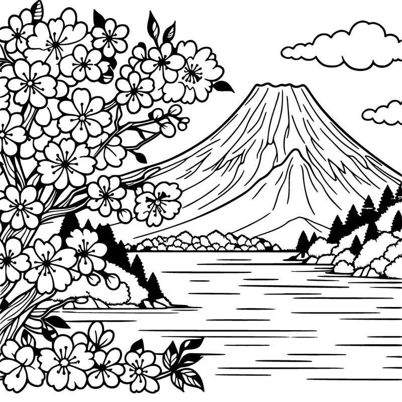 adult coloring book fuji mountain lake and sakura
