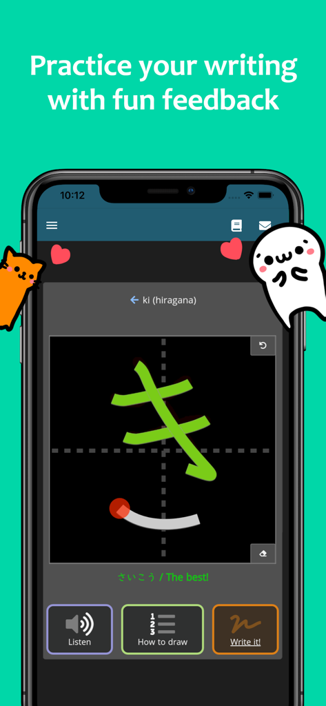 renshuu - Japanese learning - A Japanese hiragana writing practice screen in the renshuu app featuring the character ki and cute mascots.