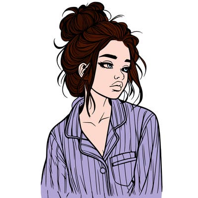 realistic woman with pajamas on and a messy bun