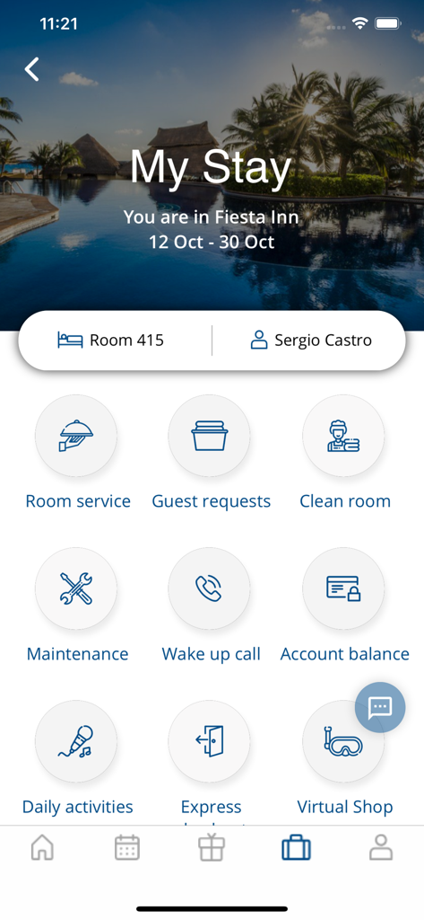 Fiesta Americana Travelty app My Stay screen featuring room service and guest request icons