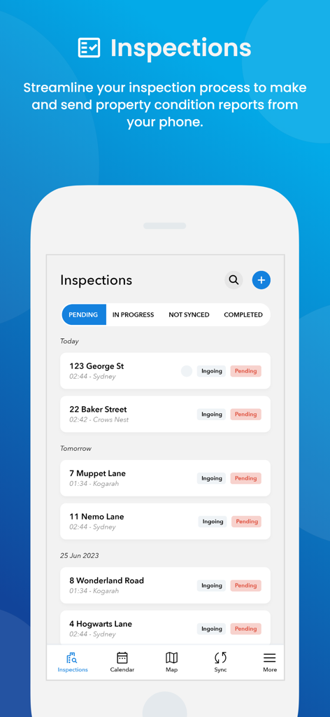 Proptech Labs Property Manager - Proptech Labs Property Manager app interface showing a list of pending property inspections with addresses and status tags