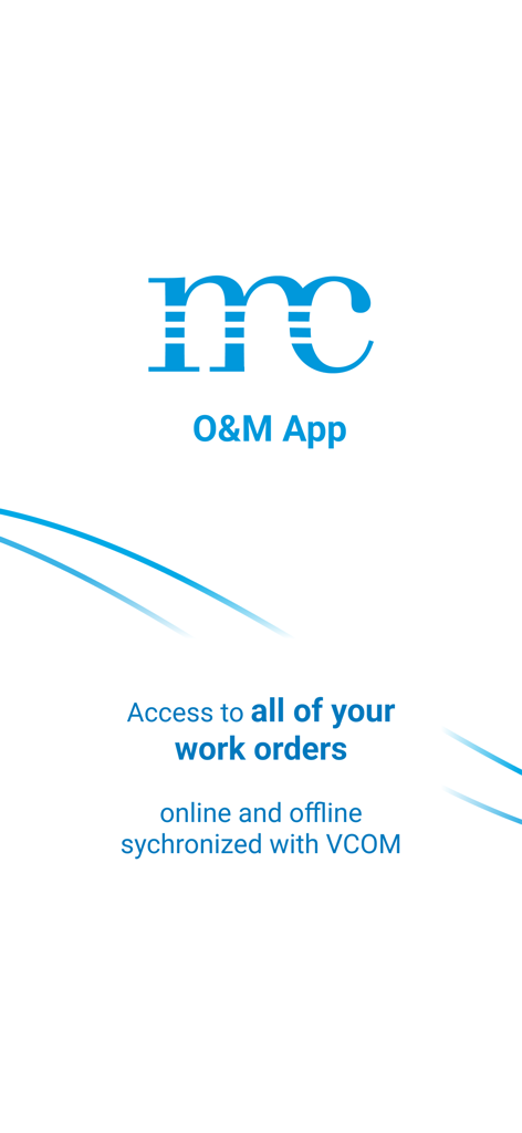 VCOM OM app intro screen showing work order access and synchronization