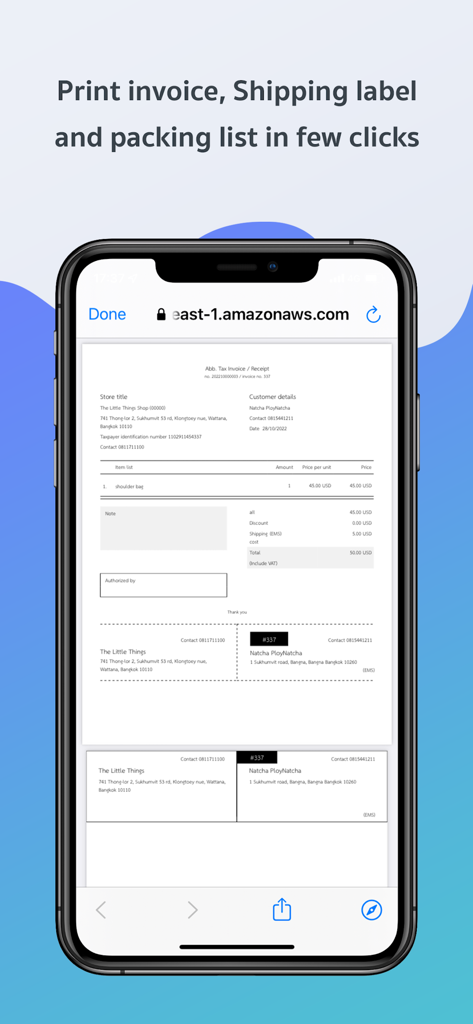 Page365 mobile app displaying a generated invoice and shipping label for a customer order.