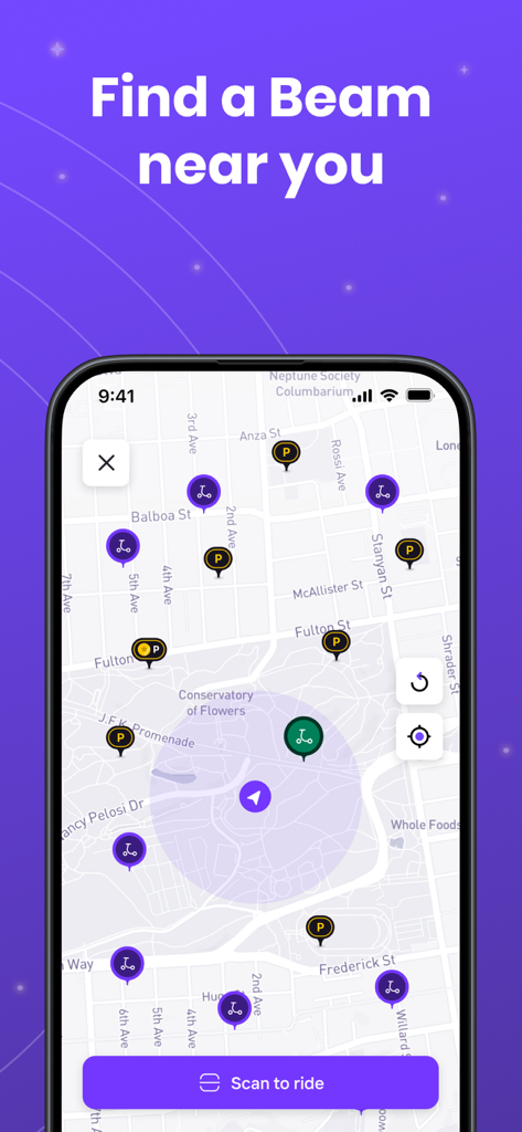 Beam app interface showing a map with available electric scooters and parking spots in an urban area