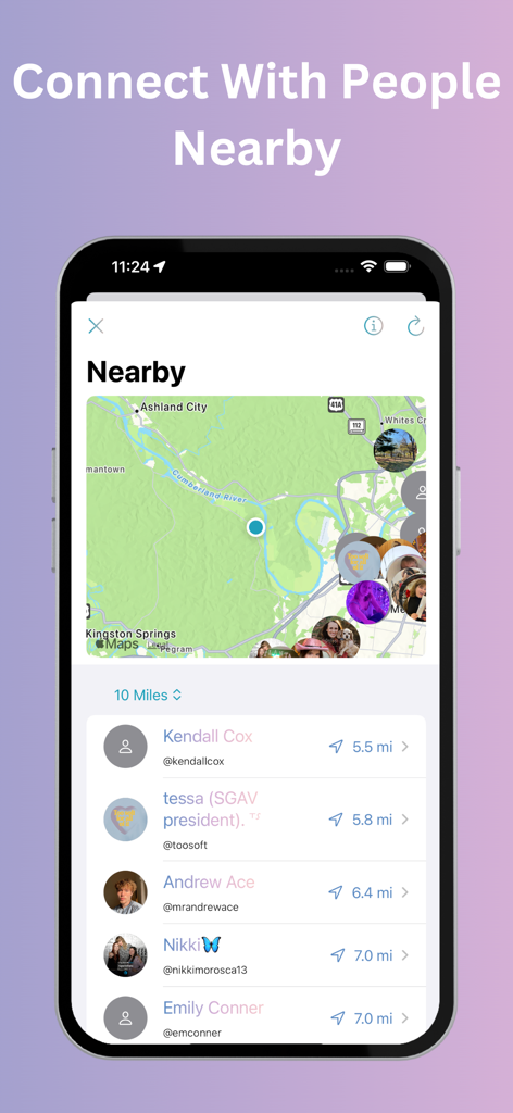 Swift Space - Find Swifties - Swift Space app interface showing a map of nearby fans and a list of users with their names and distances