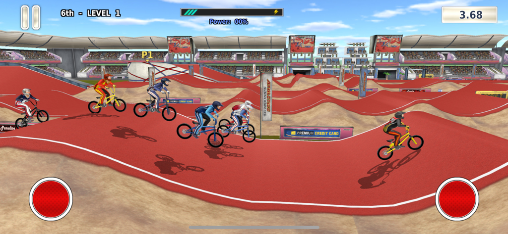 Athletics 3: Summer Sports - Prueba de carrera BMX en el juego móvil Athletics 3 Summer Sports que muestra ciclistas en una pista roja