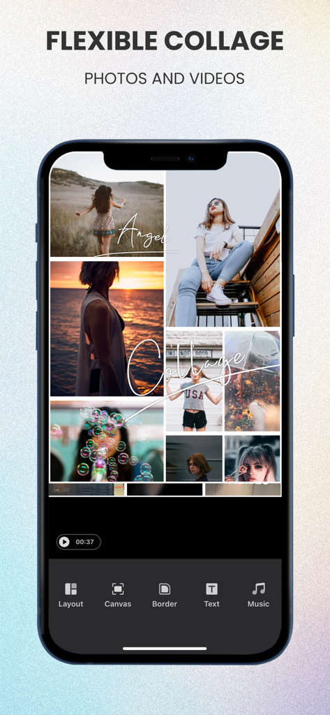 Interfaccia dell'app Filmigo che mostra una funzione collage flessibile per foto e video