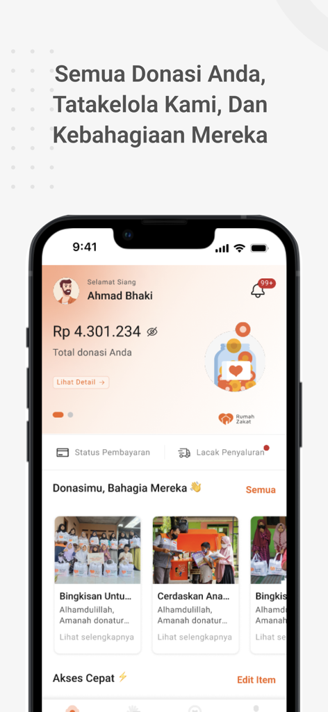 Rumah Zakat App - Rumah Zakat app dashboard displaying total donations and distribution tracking for Islamic charity