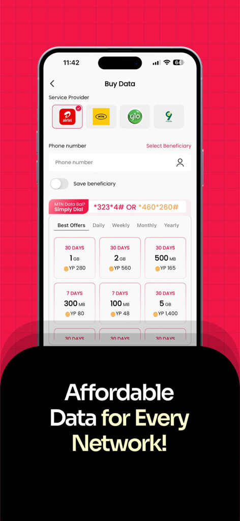 YangaPlug - Pay and Earn - YangaPlugアプリのインターフェース。さまざまなサービスプロバイダー向けの、手頃な価格のモバイルデータプランを購入するオプションが表示されています。