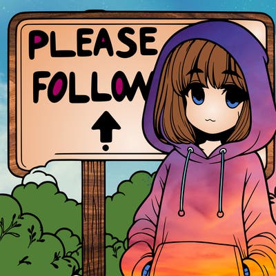 a sign that says please follow with a girl in a foggy hoody