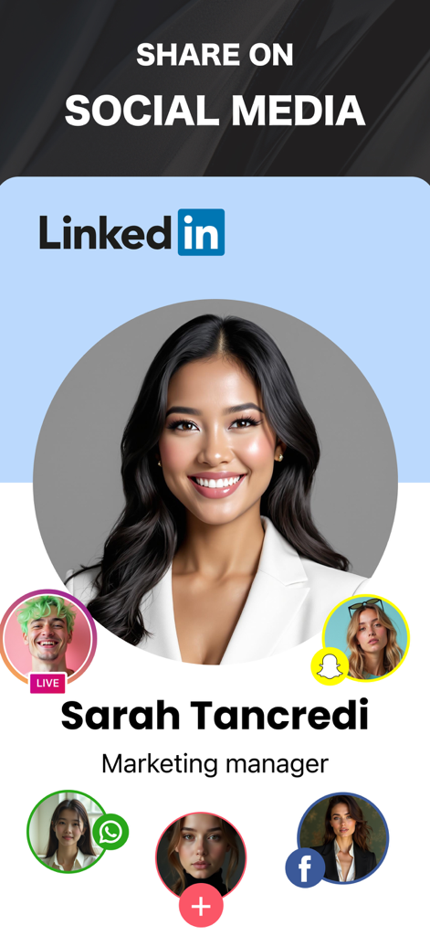 AI Headshot Photo Generator ・ - Professionelles KI-Bewerbungsfoto auf einem LinkedIn-Profil-Mockup mit Social-Media-Sharing-Symbolen