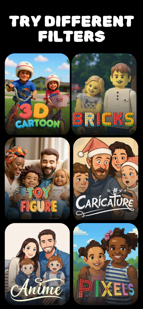 Wonderland: Cartoon Yourself - Una cuadrícula que muestra varios filtros de IA para fotos familiares, incluyendo dibujos animados 3D, ladrillos, figura de juguete, caricatura, anime y estilos de arte píxel.