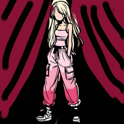 girl in baggy pants crop top and long hair