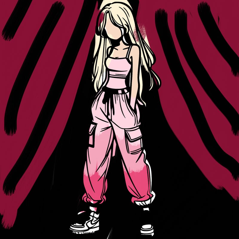 girl in baggy pants crop top and long hair