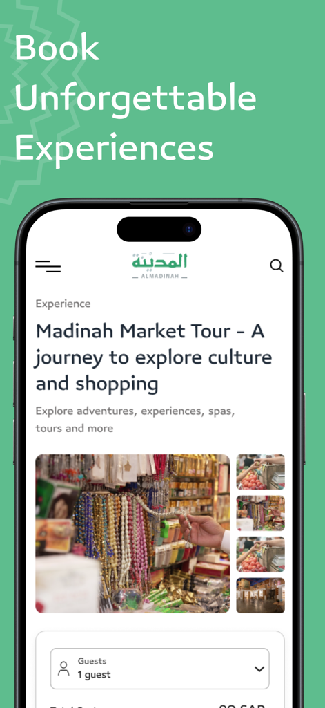Visit Madinah | روح المدينة - Visit Madinah app interface for booking a Madinah Market Tour experience