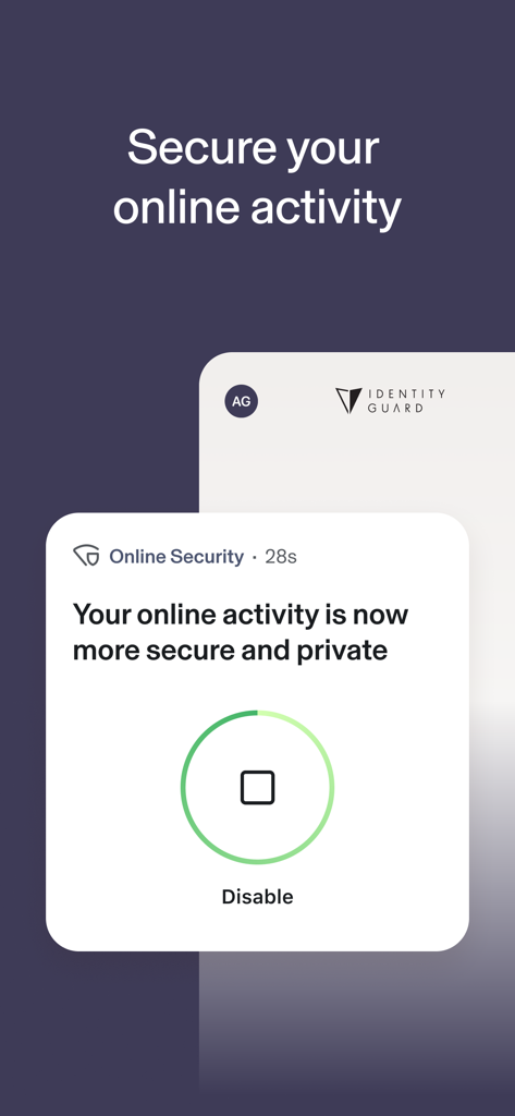 Identity Guard: ID Protection - Identity Guard mobile app showing a secure online activity status card