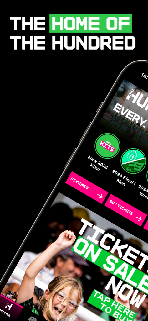 The Hundred - The official home screen of The Hundred cricket app featuring tickets and fixtures