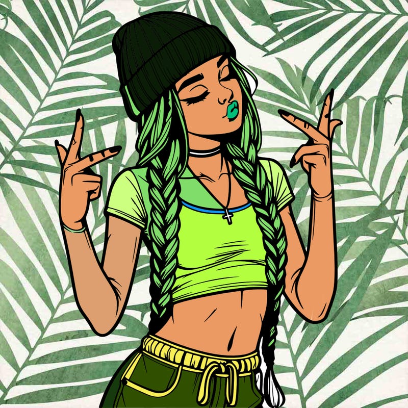 realistic teenage girl with braids and a beanie and crop top doing 🫶🏼