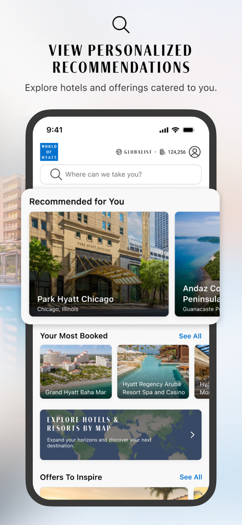World of Hyatt: Book Hotels - World of Hyattアプリの画面、ロイヤルティメンバー向けのパーソナライズされたホテルのおすすめと最近の予約を表示