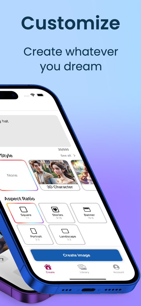 The AI Art Generator :Comfy UI - Interfaz de la aplicación Generador de Arte IA que muestra opciones de personalización de estilo y relación de aspecto.