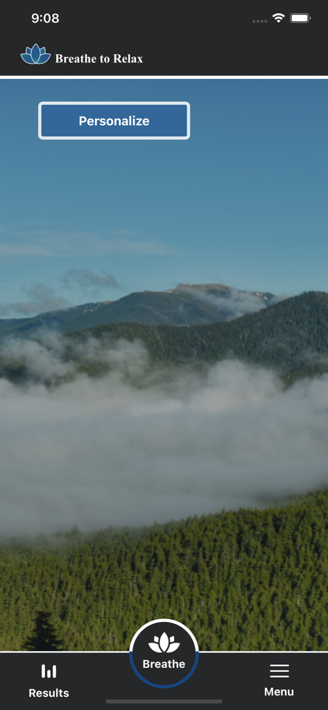 Breathe2Relax - Breathe2Relax app home screen featuring a scenic mountain landscape with a central breathe button and navigation menu