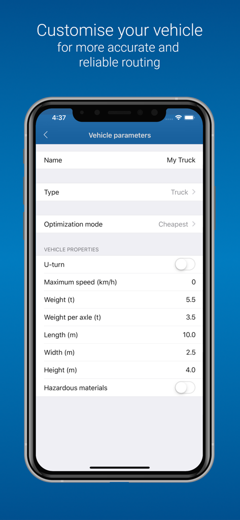 MapFactor Navigator vehicle parameters screen for truck routing showing weight and height dimensions