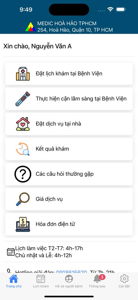 Medic Hoà Hảo - Khám bệnh - Main menu of the Medic Hoa Hao app for medical appointment booking and test results