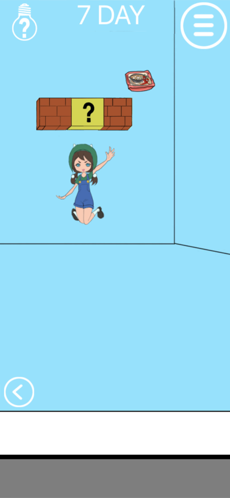 Hidden my ramen by mom 2 - A character jumping under a question mark block to reach a hidden bowl of ramen on Day 7