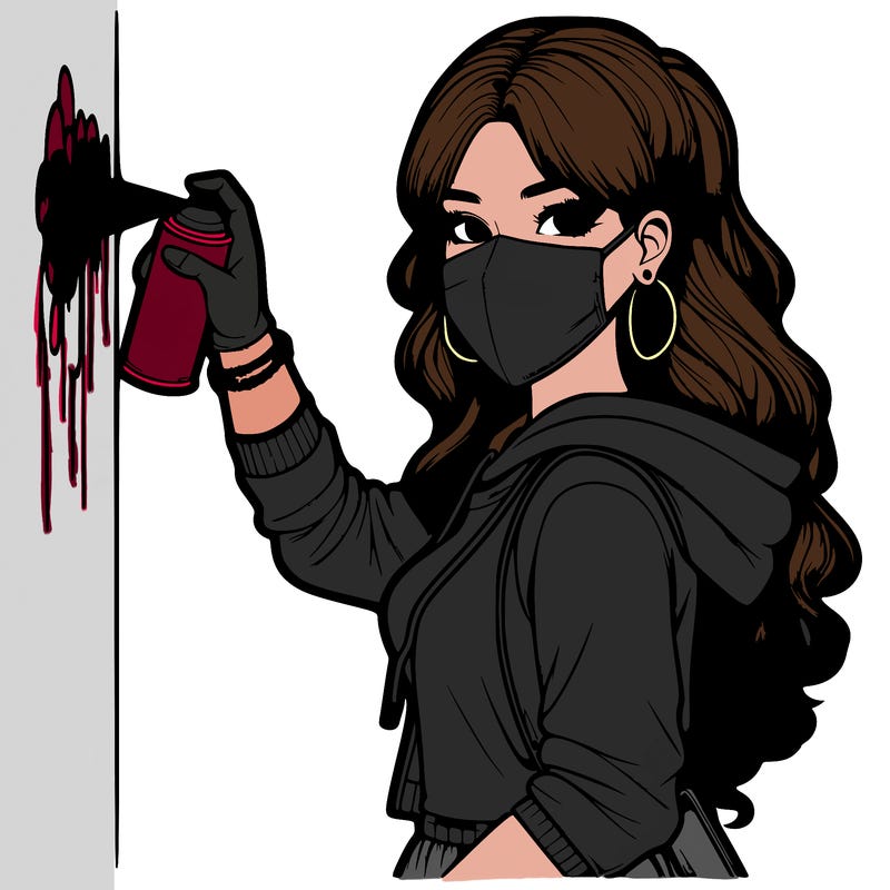 realistic girl with mask spray painting a wall