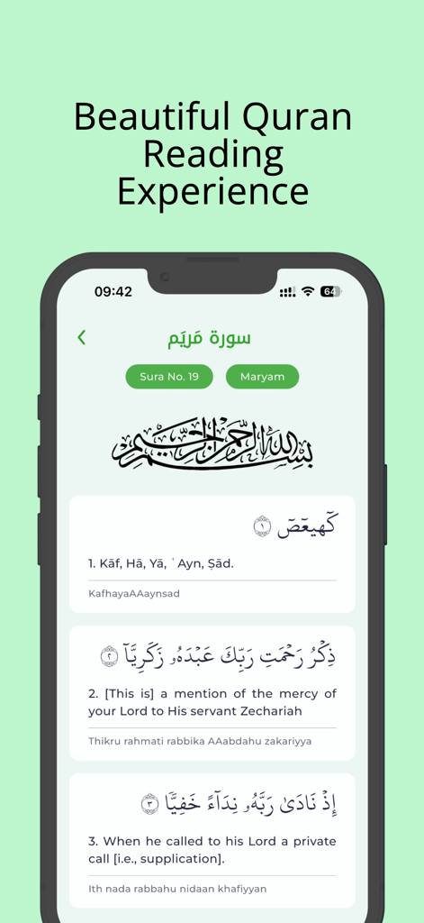Muslim Life - Muslim Life app Quran reading screen showing Surah Maryam with Arabic text English translation and transliteration