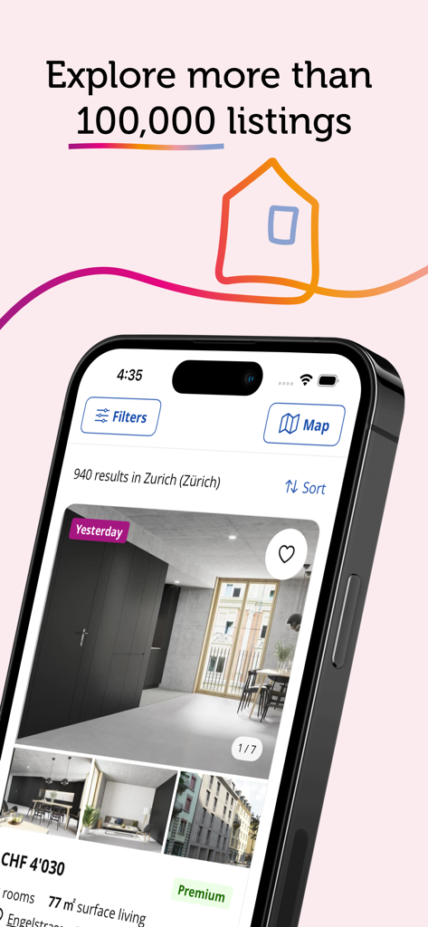 Homegate app interface showing apartment listings in Zurich Switzerland