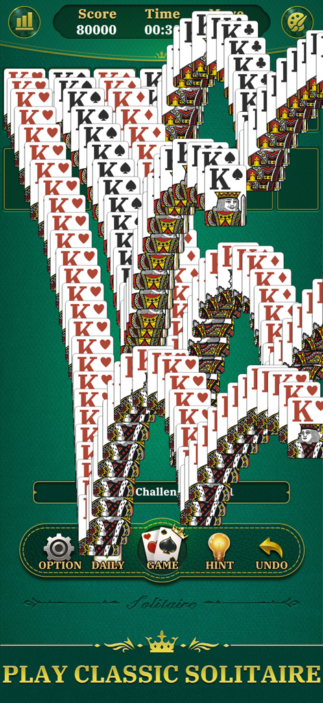 Winning animation in Deluxe Solitaire with cascading cards on a green background