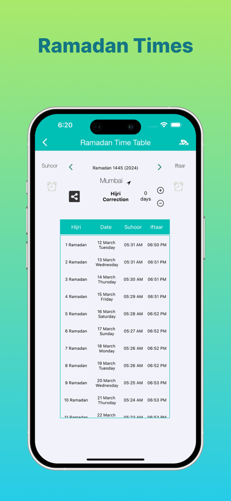 Islam Pro: Quran Prayer Qibla - A mobile interface of Islam Pro showing a Ramadan time table with Suhoor and Iftaar times for Mumbai