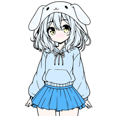 pretty anime girl wearing a fluffy hoodie with bunny ears on the hood and a skirt