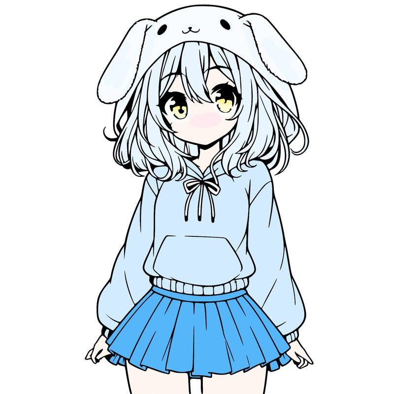 pretty anime girl wearing a fluffy hoodie with bunny ears on the hood and a skirt