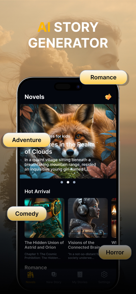 AI Story Generator - Story AI - A smartphone screen displaying the AI Story Generator app interface with various story genres and AI generated book covers.